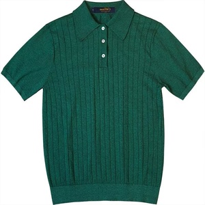 <b>Men's</b> Dark Green Anti-Wrinkle Polyester Knitted for Shirt Short Sleeve Ribbed Collar Button Front Logo Casual <b>Top</b> - Product Image 1