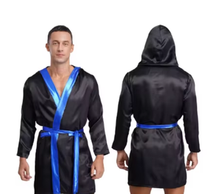 PROFIT SPORTS Robe à capuche en satin noir avec bordure bleue en polyester, tenue d'entraînement d'arts martiaux pour hommes, toutes saisons, coupe confortable, respirante - Product Image 4