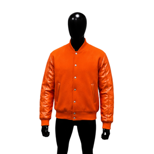 Maquette de veste universitaire orange moderne, vue avant, style Letterman, en laine, avec manches en cuir, design de vêtement d'extérieur, veste décontractée universitaire, ATHL - Product Image 1
