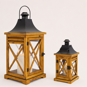 Farol de Madera Antiguo al por Mayor con Tapa Metálica, Farol Decorativo Ecológico de Vidrio Cuadrado para Centro de Mesa de Boda - Product Image 3