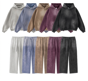 Ensemble Jogging Streetwear Vintage en Molleton Délavé avec Capuche, Coupe Ample, Logo Personnalisé, Effet Usé et Délavé à l'Acide, Sweat à Capuche et Pantalon Oversize - Product Image 1