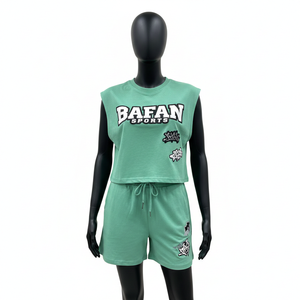 ชุดเสื้อยืดแขนกุดและกางเกงขาสั้นผ้าฝ้าย 100% สำหรับผู้หญิง เนื้อผ้าคอตตอนริชเจอร์ซีย์ พิมพ์ลายโลโก้ตามสั่ง ชุดเสื้อยืดแขนกุดและกางเกงขาสั้นสำหรับผู้หญิง - Product Image 1