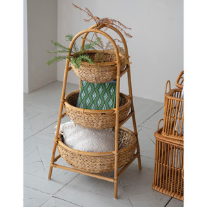 Panier à 3 niveaux en rotin et jacinthe d'eau, artisanat Sisu, tissé à la main - Product Image 2