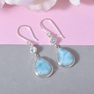 Nouvelles boucles d'oreilles en forme de goutte d'eau en larimar et topaze bleue, en argent sterling 925, style celtique, bijoux fins, cadeaux pour femmes - Product Image 1