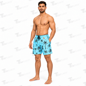 Trajes de Baño para Hombre de Primera Calidad, Color Azul Claro, Estampado de Palmeras, Cintura Media, Cordón Ajustable, Secado Rápido, Shorts de Playa de Poliéster en Venta - Product Image 3
