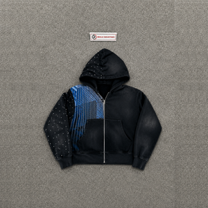 Sudadera con capucha negra extragrande con cremallera y estampado gráfico abstracto de ciudad, estilo urbano, de poliéster tejido, manga regular, estilo otoñal, premium - Product Image 5