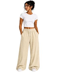 Pantalon de survêtement beige personnalisé pour femme, coupe large, taille haute, décontracté, style streetwear, en molleton, avec cordon de serrage et poches - Product Image 1