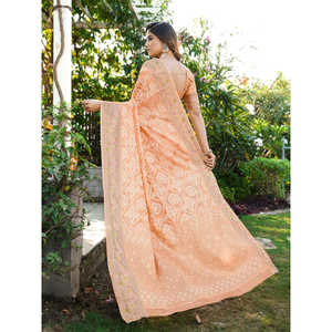 Robe de soirée en organza pêche tissé Zari Patola Elite Weaves 600g en stock - Product Image 2