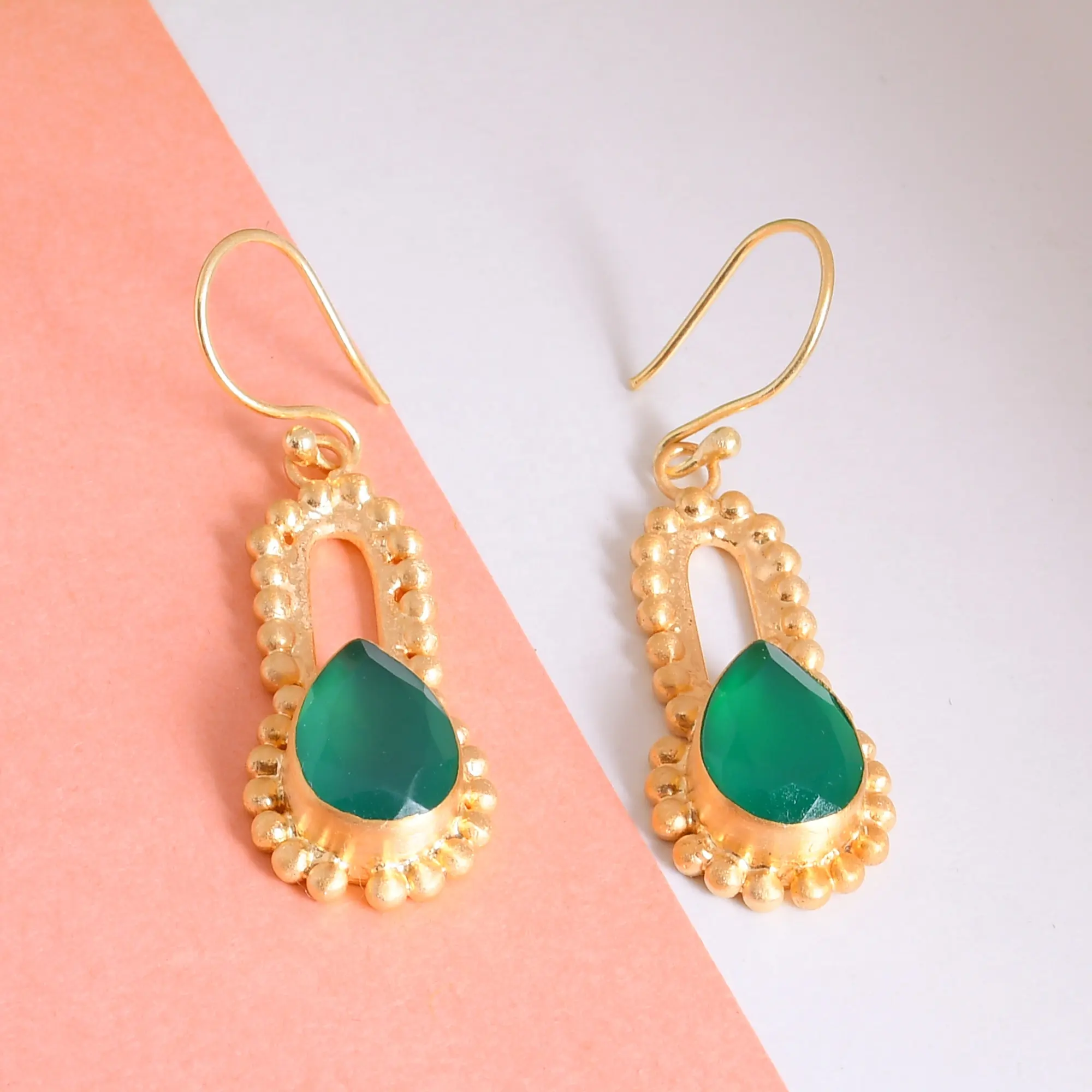 New Stylish 18K Gold Plated Green Onyx Earrings, Bohemian Fashion Jewellery Manufacturers, Pear Shape Earrings