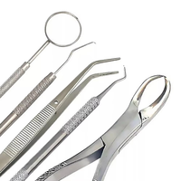 Set 5 Instrumen Gigi Dasar: Cermin, Penjepit, Explorer, Forceps Ekstraksi, Pegangan Knurled Perak, Alat Bedah Mulut Kelas I