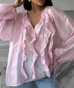 Camisa de Verano para Mujer, Estilo Casual, Corte Regular, para el Día a Día, de Alta Calidad, con Botones al Frente, Sólida, Elegante, con Volantes - Product Image 3