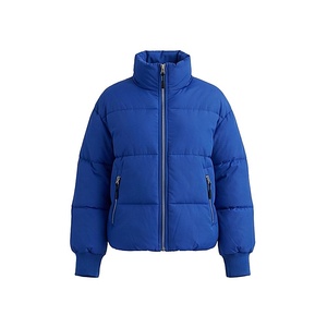 Blue Quilted Puffer <b>Jacket</b> Women Winter Stand Collar Full <b>Sleeve</b> Zipper Closure Thick Polyester Filling <b>Short</b> Length Solid Color - Product Image 1