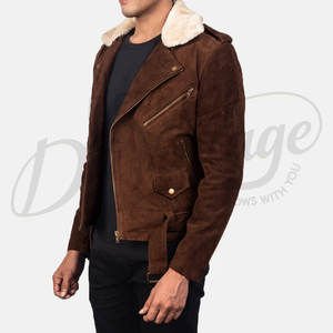 Chaqueta de Motociclista de Gamuza Marrón Chocolate Premium para Hombre, Chaqueta de Cuero Genuino con Cierre Asimétrico y Cinturón, con Cuello de Piel - Product Image 4