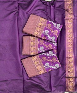 Purple Silk Saree With Gold Border Traditional Indian Wedding Wear Women's <b>Floor</b>-Length Sari Regular Fit All Seasons - Product Image 5