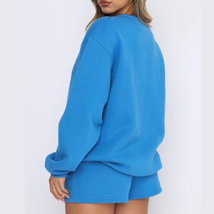 Conjunto de sudadera de cuello redondo y pantalones cortos para mujer, suéter con hombros caídos y pantalones cortos de cintura alta con bolsillos de parche, conjunto de dos piezas. - Product Image 3