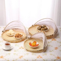 Eco Producten Geweven Bamboe Voedsel Opslag Mand Ronde Met Cover Tent Fruit Brood Dienblad Vouwen Set Met Deksel Decoratieve