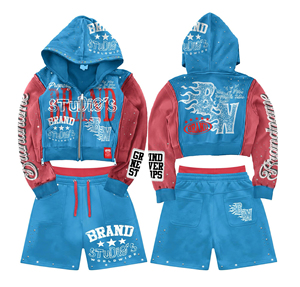 OEM Custom Casual Acid Wash Sun Faded Distressed Vintage Fleece Full Zip Quick Dry <b>Knitted</b> Hoodie Sweat Short Puff Print <b>Set</b> Men - Product Image 1
