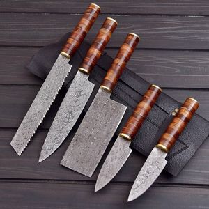 Custom Damascus Kitchen <b>Knife</b> <b>Set</b> 5PCS Chef <b>Knife</b> Collection Handmade High Carbon Steel Wooden Handle Wholesale & OEM Supply - Product Image 1