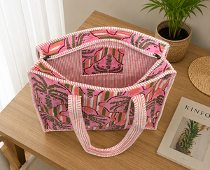 Pink Printed <b>Canvas</b> <b>Tote</b> Bag Bohemian Style Summer Shopping Bag with Palm Tree Pattern and Striped Design - Product Image 3
