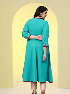 Womens Teal Cotton Slub Patch Work Angrakha Style Anarkali Kurta With V Neck <b>Three</b> Fourth Sleeves Crafted For Global Ethnic Wear - Product Image 4