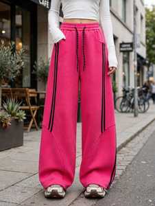 Pantalon de survêtement rose en coton mi-lourd à jambe large, taille élastique avec cordon de serrage, rayures latérales, style sportif, respirant, pour homme, collection automne - Product Image 5