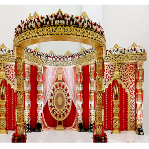 มณฑปงานแต่งงานแบบอินเดียแกะสลักจากไฟเบอร์สีทอง มณฑปงานแต่งงานแบบเอเชียใต้พร้อมมงกุฎ มณฑปงานแต่งงานแบบดัมโร ทำจากไฟเบอร์สุดพิเศษ - Product Image 1
