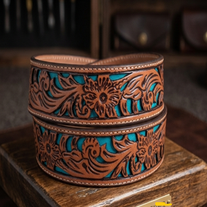 Ceinture en cuir western pour homme, sur mesure, avec motif floral turquoise en relief, boucle en laiton gravée argent mat - Product Image 4