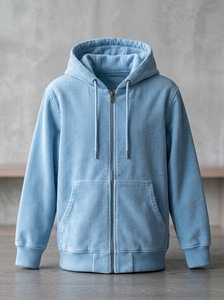Light Blue Acid Wash Heavyweight Corduroy <b>Zip</b>-Up <b>Hoodie</b> for Men Winter Casual Jacket with <b>Pocket</b> - Product Image 1