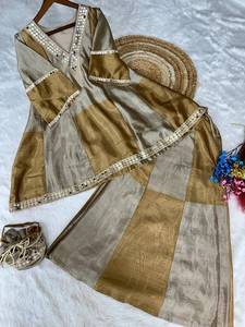 Gold Beige Modern Ethnic Co-Ord Set Women Embroidered Flared Kurta with Wide Palazzo Pants Designer Party Wear - Product Image 6