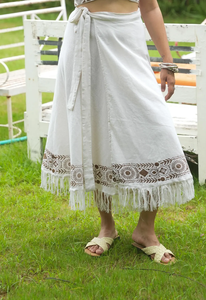 2026 Hot Selling Handcrafted Cotton Block Print Wrap <b>Skirt</b> with Fringe Premium Breathable White Cotton Lightweight Midi <b>skirt</b> - Product Image 6