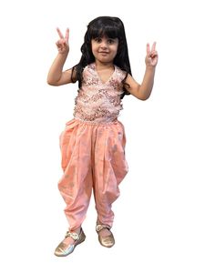 Haut sans manches tissé Twisha orné de motifs avec Dhoti-Peach pour filles - Product Image 5