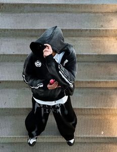 Men's Oversized <b>Zip</b>-Up <b>Hoodie</b> <b>Black</b> French Terry Embossed Logo Sporty Fit Regular Length Autumn Wear - Product Image 3