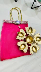Vibrant Handcrafted Organza Gift Bags with Golden Lotus Diya <b>Stand</b> <b>for</b> Festive Celebrations and Wedding Gifting - Product Image 3