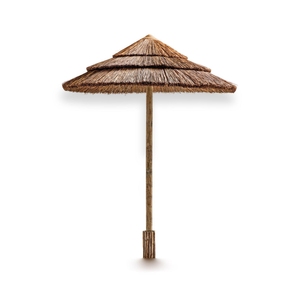 Tropiccal Palm Leaf Parasol with Rustic Bamboo Pole - Architectural <b>Beach</b> Tiki Parasol with Covered Base - Product Image 1