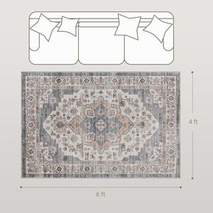 Tapis d'intérieur vintage marron et bleu clair 4x6, lavable en machine, antidérapant, pour salon, chambre à coucher, salle à manger - Product Image 3