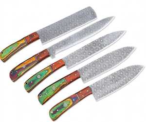 Ensemble de 5 ustensiles de cuisine en acier artisanal à motifs, manches en bois de Pakka multicolores, collection d'outils de cuisine professionnels - Product Image 3