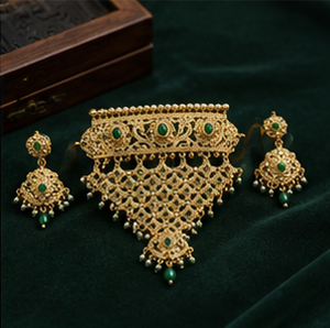 Conjunto de Collar y Pendientes Chapados en Oro con Circonita Verde y Perlas de Imitación, Joyería Vintage para Mujer, Joyería de Moda para Bodas - Product Image 4