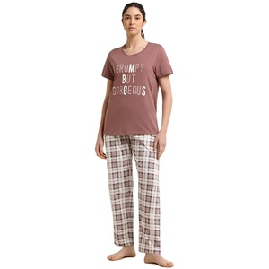 100% coton toutes saisons femmes confortable t-shirt et pyjama 2 pièces ensemble de costume de nuit Logo personnalisé ensemble de vêtements de nuit pour femmes - Product Image 1