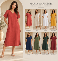 Gaun Midi Wanita Katun Linen Polos Harian V-Neck Tanpa Lengan Musim Panas Longgar dengan Belahan Samping Kasual Pemasok Grosir OEM ODM