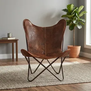 Leather Butterfly <b>Chair</b> Metal Legs Handmade Midcentury Modern Living Room Lounge <b>Chair</b> - Product Image 4