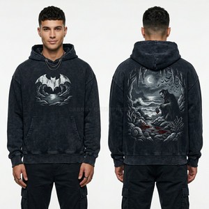 Sweat à capuche gris délavé personnalisé pour homme, en molleton épais, style streetwear oversize, avec imprimé graphique rivière, style vintage - Product Image 3