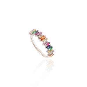 14K Solid Gold Rainbow Sapphire Eternity Wedding Ring with Prong Setting - Product Image 5