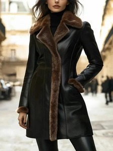 Manteau trench en cuir véritable fait main pour femmes, col en fourrure véritable, veste d'hiver vintage - Product Image 1