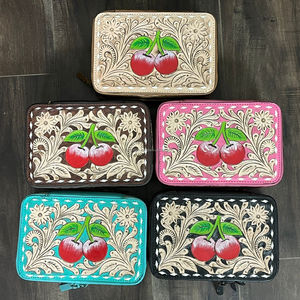 Estuche Organizador de Joyas de Cuero Genuino con Diseño de Cerezas Grabado a Mano, Cierre de Cremallera Elegante, para Mujer, 2026 - Product Image 4