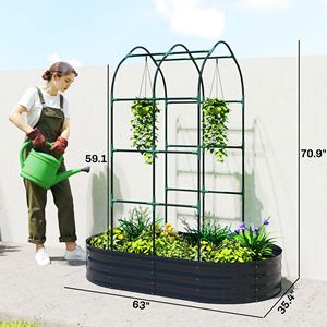 Jardinera metálica galvanizada para exterior, 5 x 3 x 6 pies, cama de cultivo elevada, con arco de trellis, fondo abierto, gris oscuro, con vallas y puertas de trellis - Product Image 3