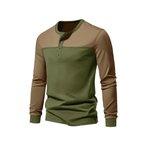 Custom Logo Printing Mens <b>Long</b> Sleeve Henley Shirt Round Neck Two Tone Cotton Knitted Heavyweight Men Casual Shirts Manufacturer - Product Image 5