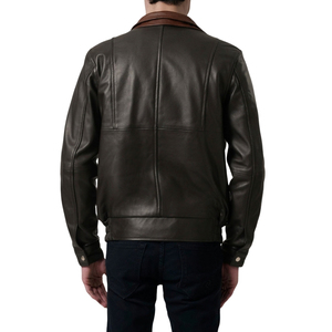 Veste en cuir véritable pour homme, style color block, col montant, fermeture éclair, veste de motard décontractée, coupe-vent d'automne - Product Image 3