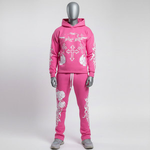 Conjunto Deportivo de Poliéster con Capucha Rosa, Resistente al Viento, con Estampado de Calaveras Cruzadas, Manga Larga, Corte Ajustado, Ropa Urbana para Adultos Unisex, Ropa de Invierno - Product Image 5