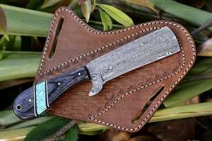 Cuchillo de caza de hoja fija de acero de Damasco hecho a mano, personalizado y de primera calidad, con mango de madera y funda de cuero, punta caída. - Product Image 5