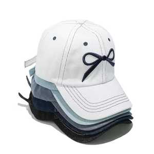 White Cotton Baseball Cap With <b>Navy</b> Bow Embroidery Adjustable For Women Spring Summer Fashion Casual <b>Hat</b> - Product Image 1